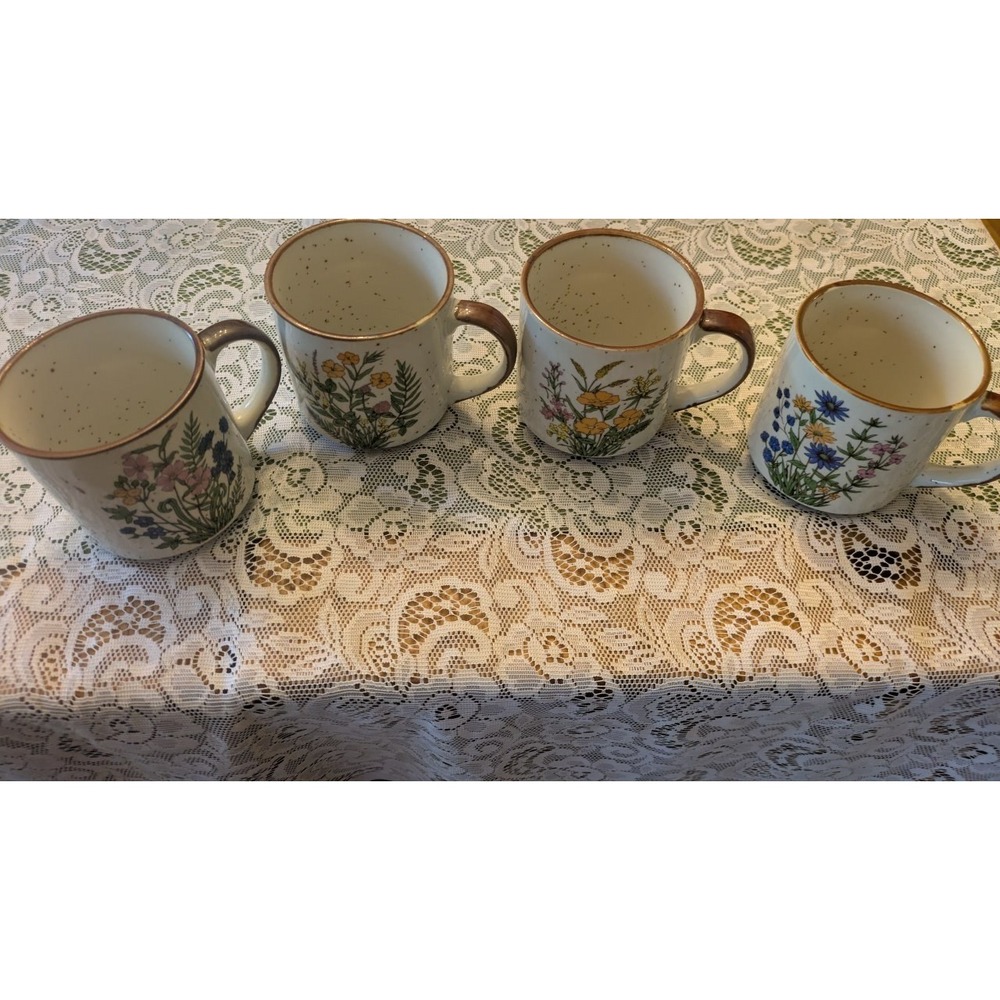 Vtg Takahashi 70s Speckled Stoneware Mugs Set 4 Wildflowers Japan Cottagecore